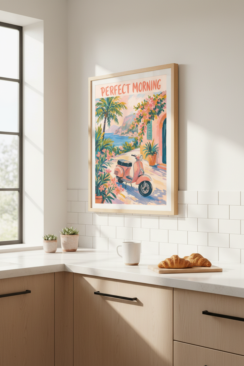 Amalfi Coast Beach Poster | Pink Vespa Italy Wall Art | Mediterranean Coastal Decor