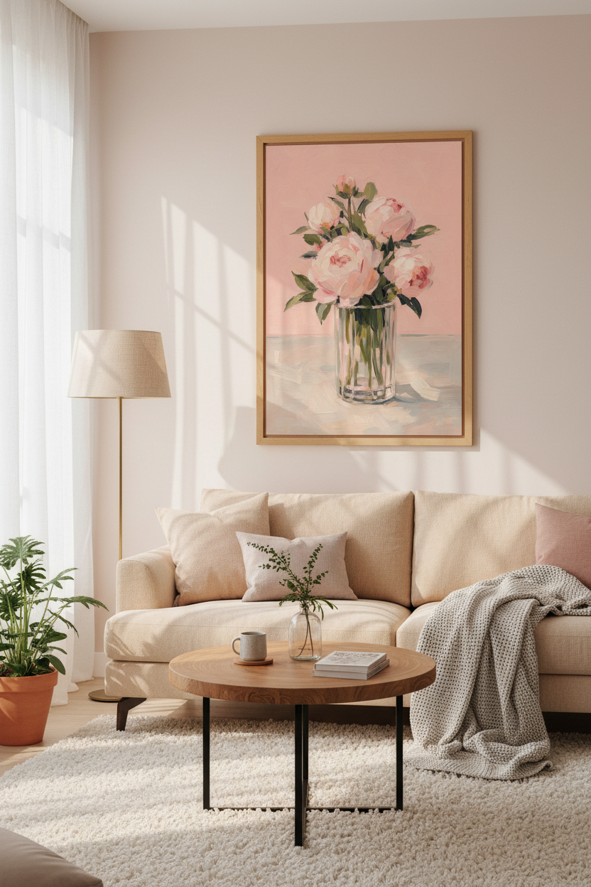 Peony Oil Painting Print | Pink Floral Wall Art | Romantic Impasto Poster