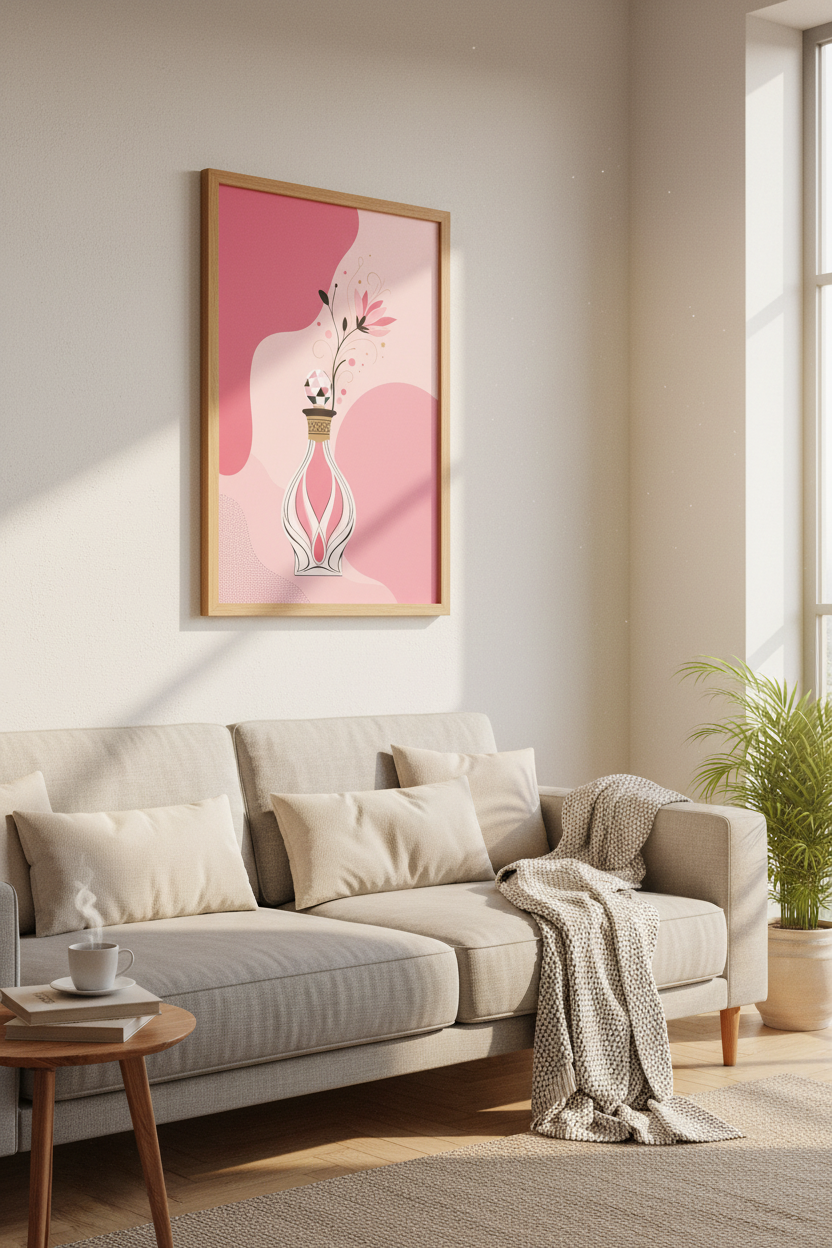 Pink Perfume Bottle Wall Art | Chic Floral Illustration, Bedroom & Vanity Decor