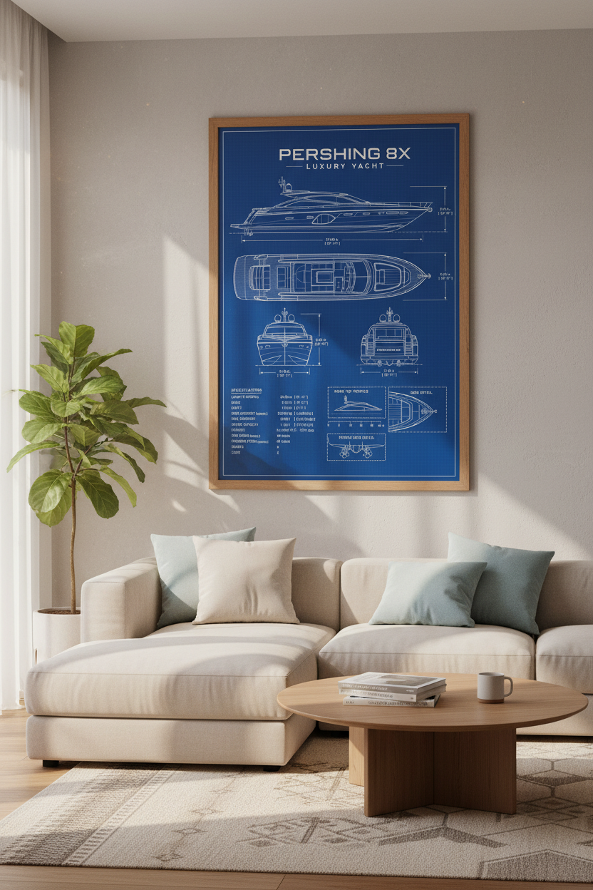 Pershing 8X Yacht Blueprint Wall Art | Office Decor | Luxury Nautical Poster