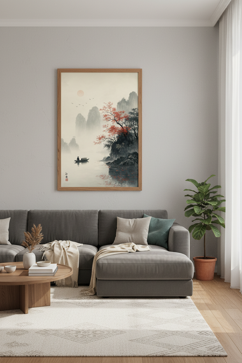 Japanese Ink Landscape Wall Art | Misty Mountain Painting, Zen Home Decor Poster