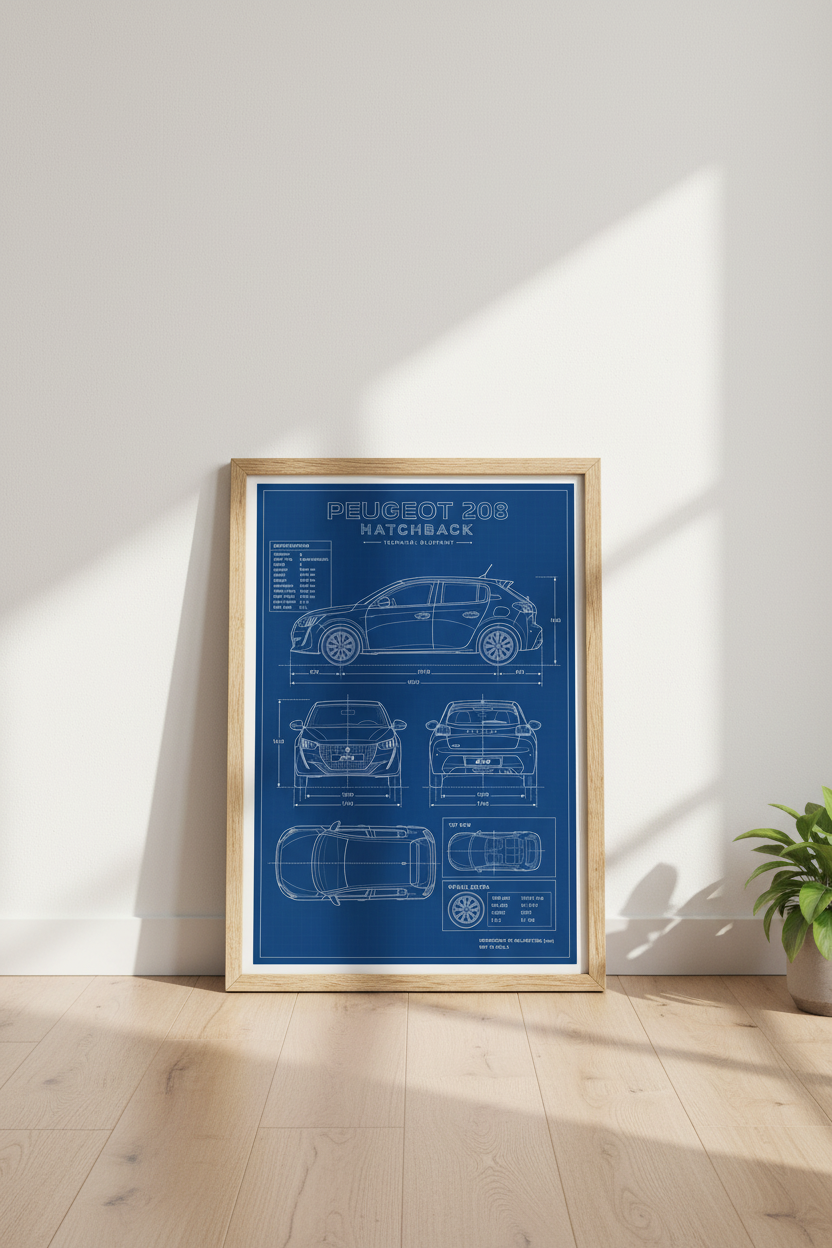 Peugeot 208 Hatchback Blueprint Art | Garage Decor | Technical Poster