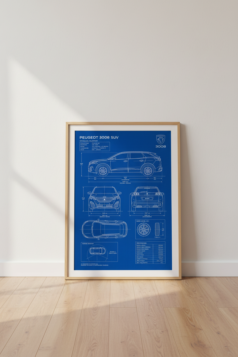 Peugeot 3008 SUV Blueprint Art | Car Technical Schematic Poster, Office Decor