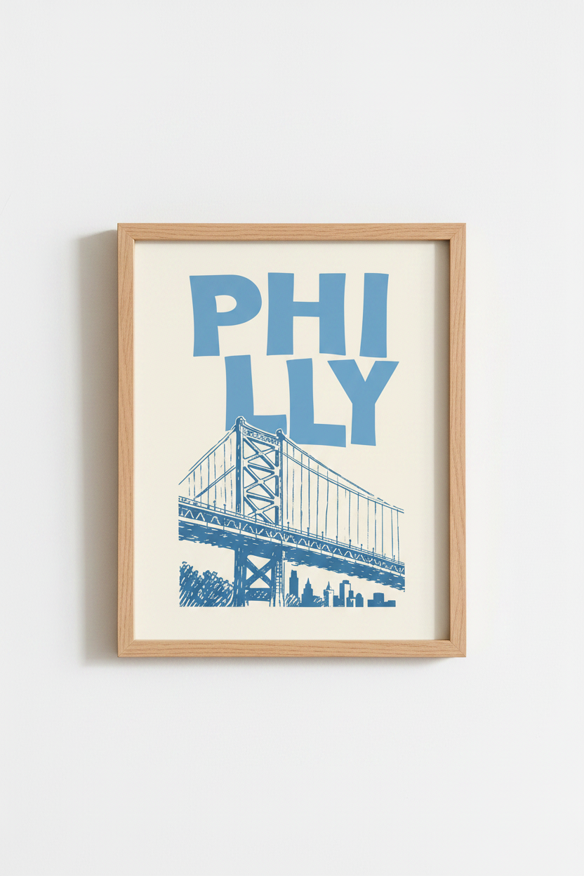 Philadelphia City Print | Ben Franklin Bridge Wall Art, Blue Modern Travel Poster