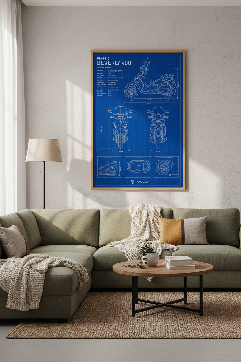 Piaggio Beverly 400 Blueprint Wall Art | Garage Decor | Italian Scooter Poster