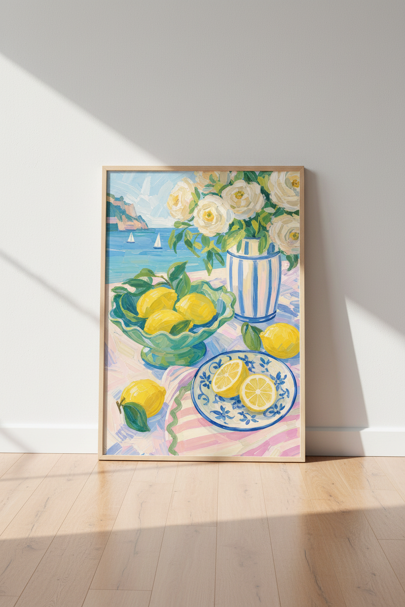 Coastal Amalfi Wall Art Print | Italian Lemon Poster, Mediterranean Kitchen Decor