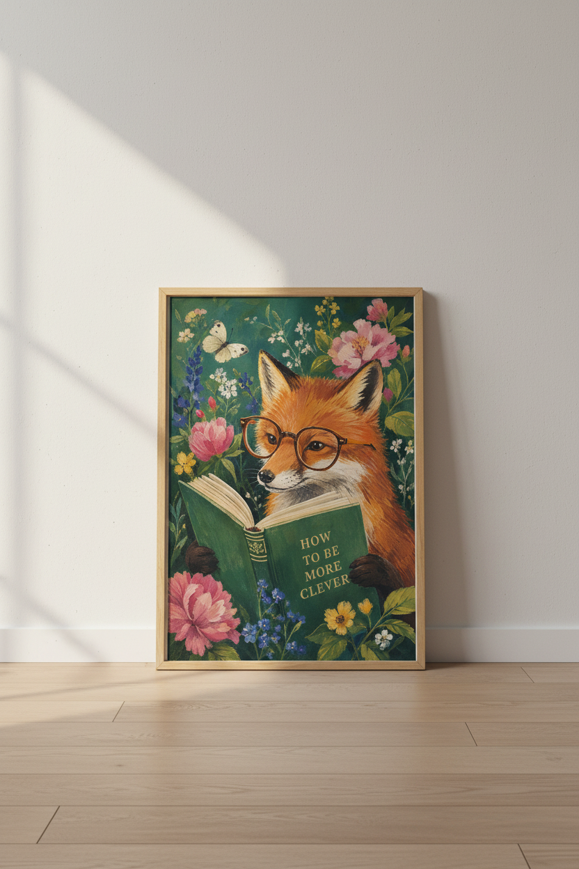 Whimsical Fox Art Print | Dark Academia Library Decor | Reading Animal Poster