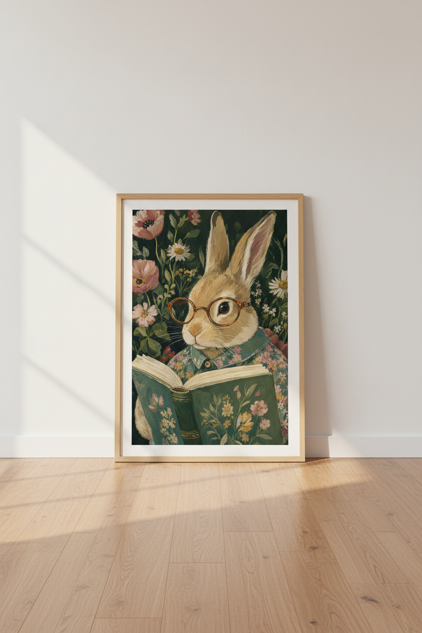 Whimsical Bunny Art Print | Moody Dark Academia Rabbit Reading, Vintage Floral Poster