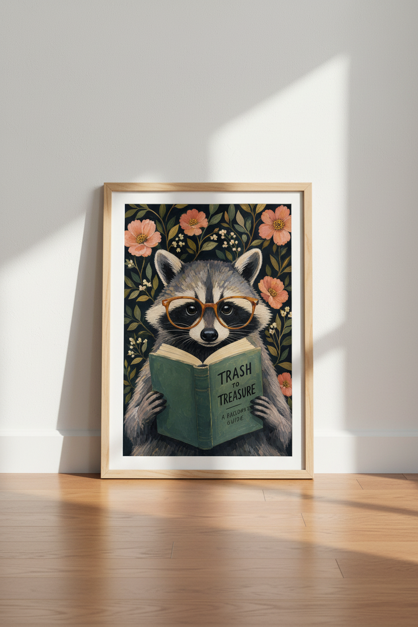 Whimsical Raccoon Wall Art Print | Dark Academia Decor | Reading Animal Poster