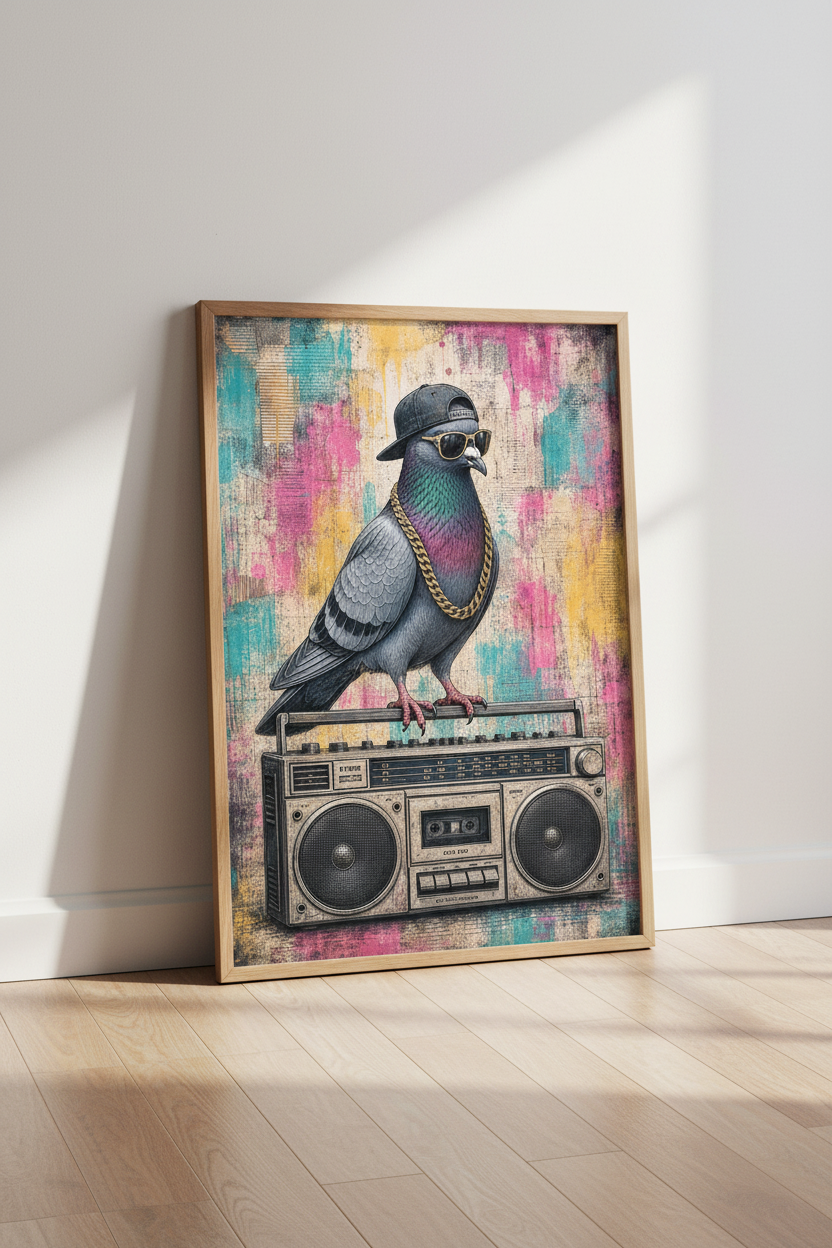 Hip Hop Pigeon Wall Art | Graffiti Boombox Print, Urban Street Style Decor