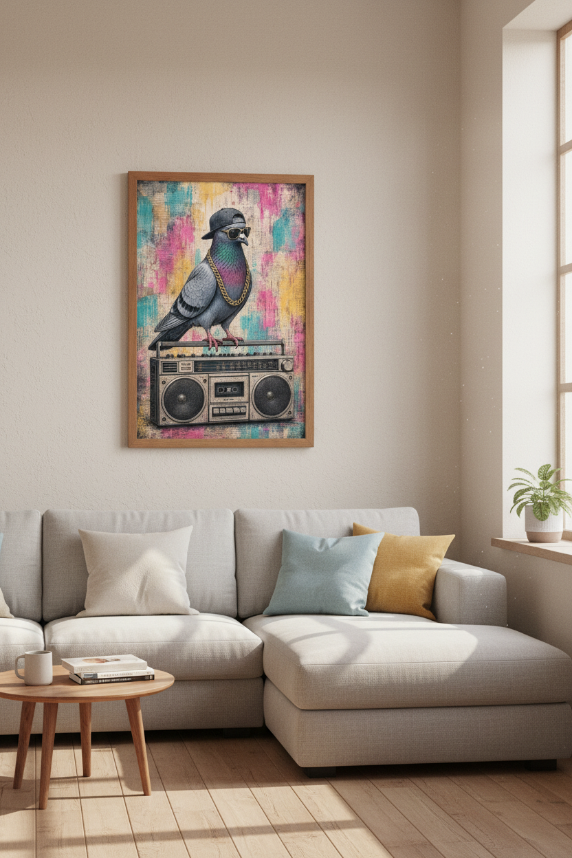 Hip Hop Pigeon Wall Art | Graffiti Boombox Print, Urban Street Style Decor