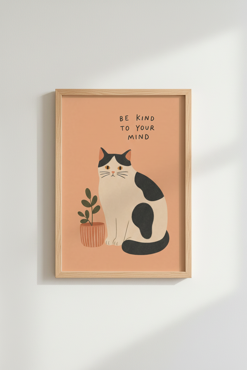 Be Kind To Your Mind Cat Wall Art | Mental Health Decor | Minimalist Poster