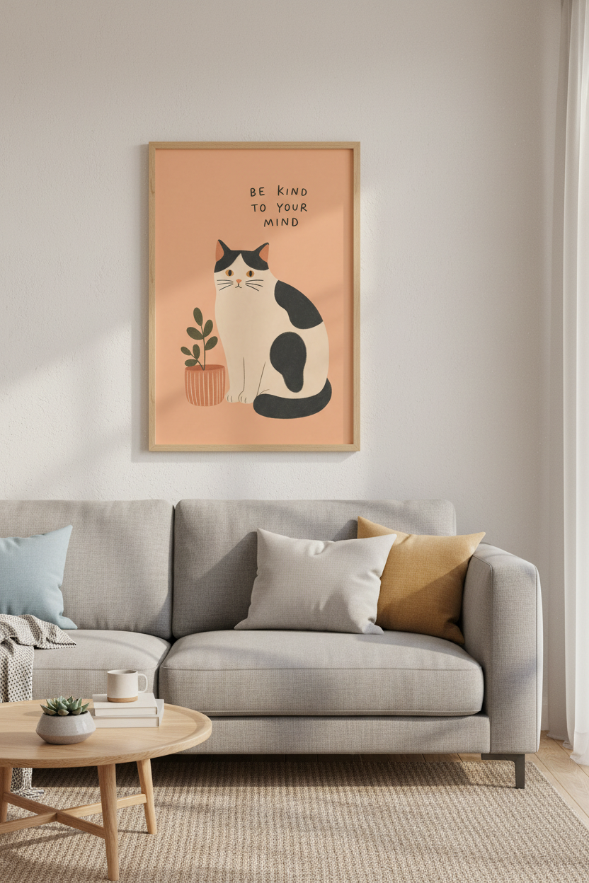Be Kind To Your Mind Cat Wall Art | Mental Health Decor | Minimalist Poster