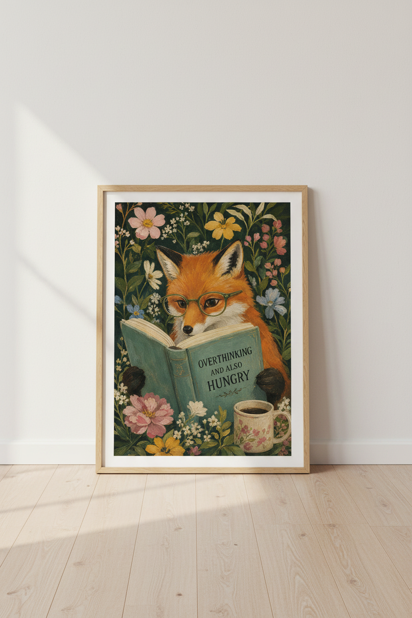 Whimsical Fox Wall Art | Reading Fox Poster, Dark Academia Bookish Decor