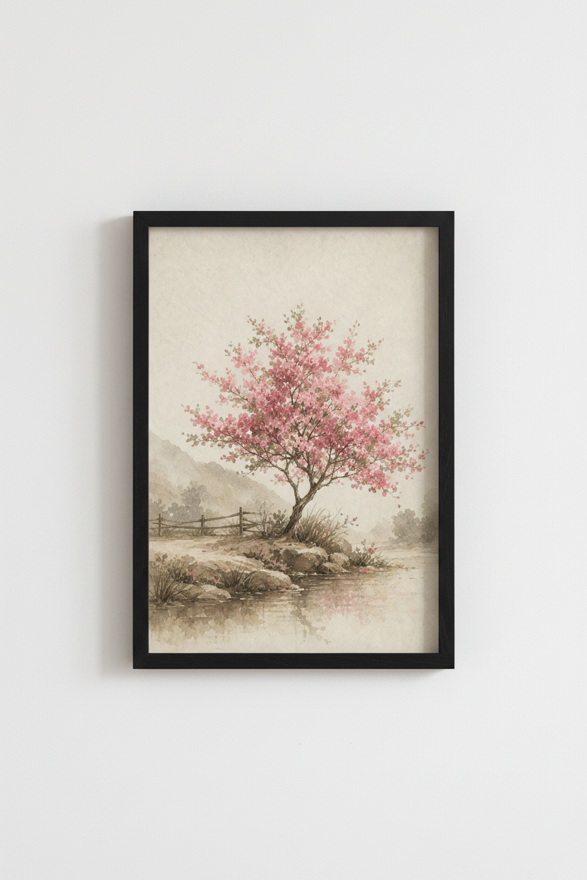 Cherry Blossom Tree | Pink Watercolor Painting, Zen Nature Bedroom Decor Poster
