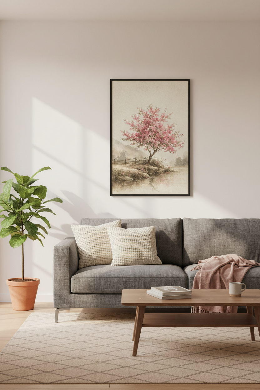 Cherry Blossom Tree | Pink Watercolor Painting, Zen Nature Bedroom Decor Poster