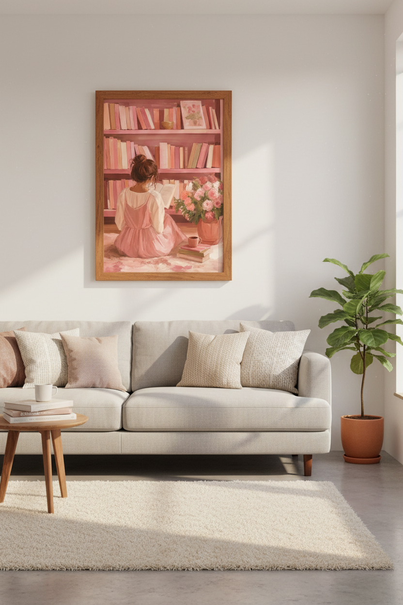 Reading Girl in Pink Library Art Print | Coquette Aesthetic Decor | Soft Pastel Poster