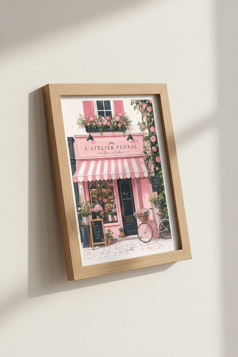 French Flower Shop Wall Art | Paris Floral Storefront Decor | Pink Pastel Poster