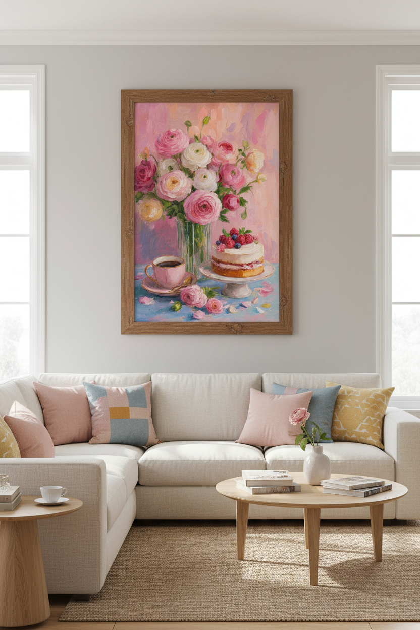 Pink Ranunculus & Cake Oil Painting Print | Kitchen Wall Art | Impasto Floral Poster