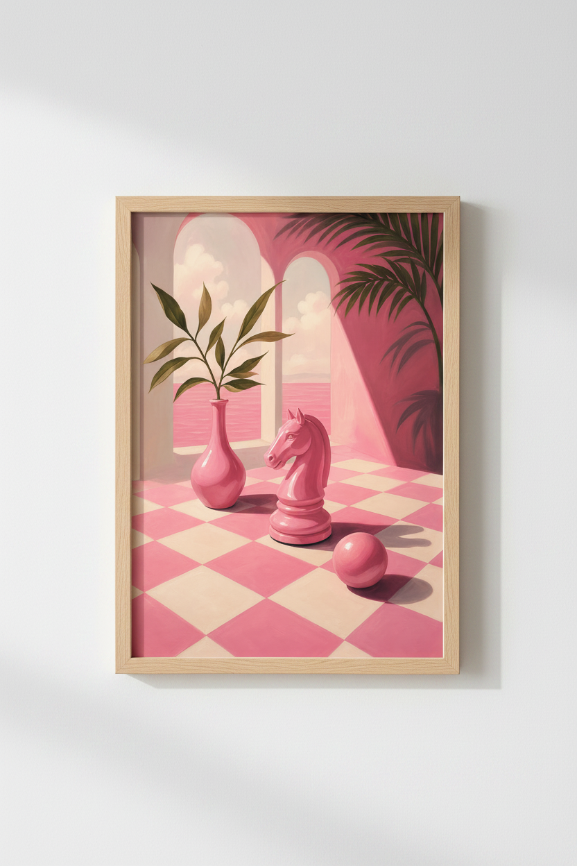Pink Surrealist Wall Art Print | Pastel Chess Decor | Aesthetic Mediterranean Poster