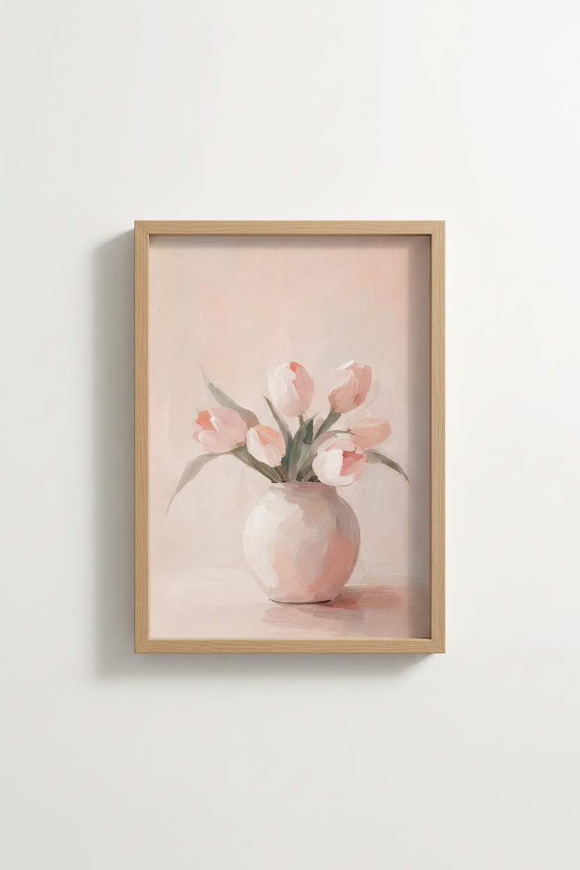 Blush Pink Floral Print | Pastel Tulip Oil Painting, Shabby Chic Bedroom Decor