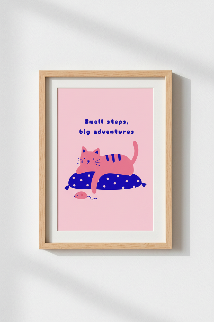 Pink Cat Nursery Wall Art | Cute Kids Room Decor | Modern Animal Poster