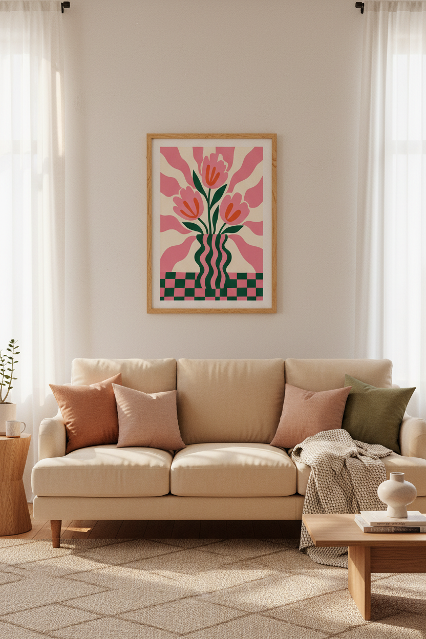 Danish Pastel Wall Art Print | Pink Floral Tulip Poster, Aesthetic Checkered Decor