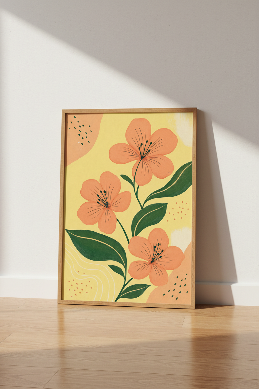 Abstract Peach Floral Wall Art | Yellow Botanical Poster, Living Room Decor
