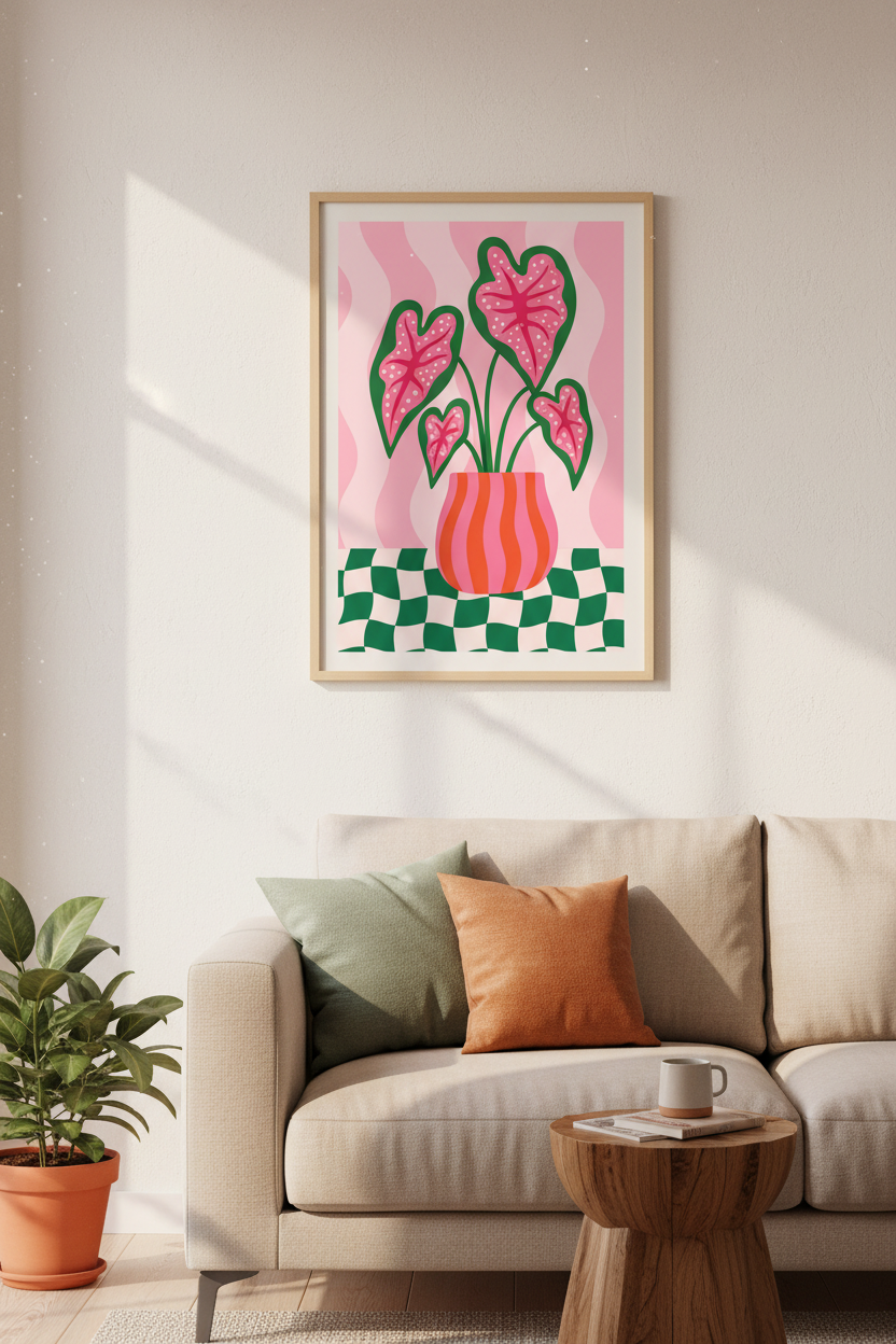 Pink Botanical Art Print | Maximalist Flower Decor | Retro Checkered Poster