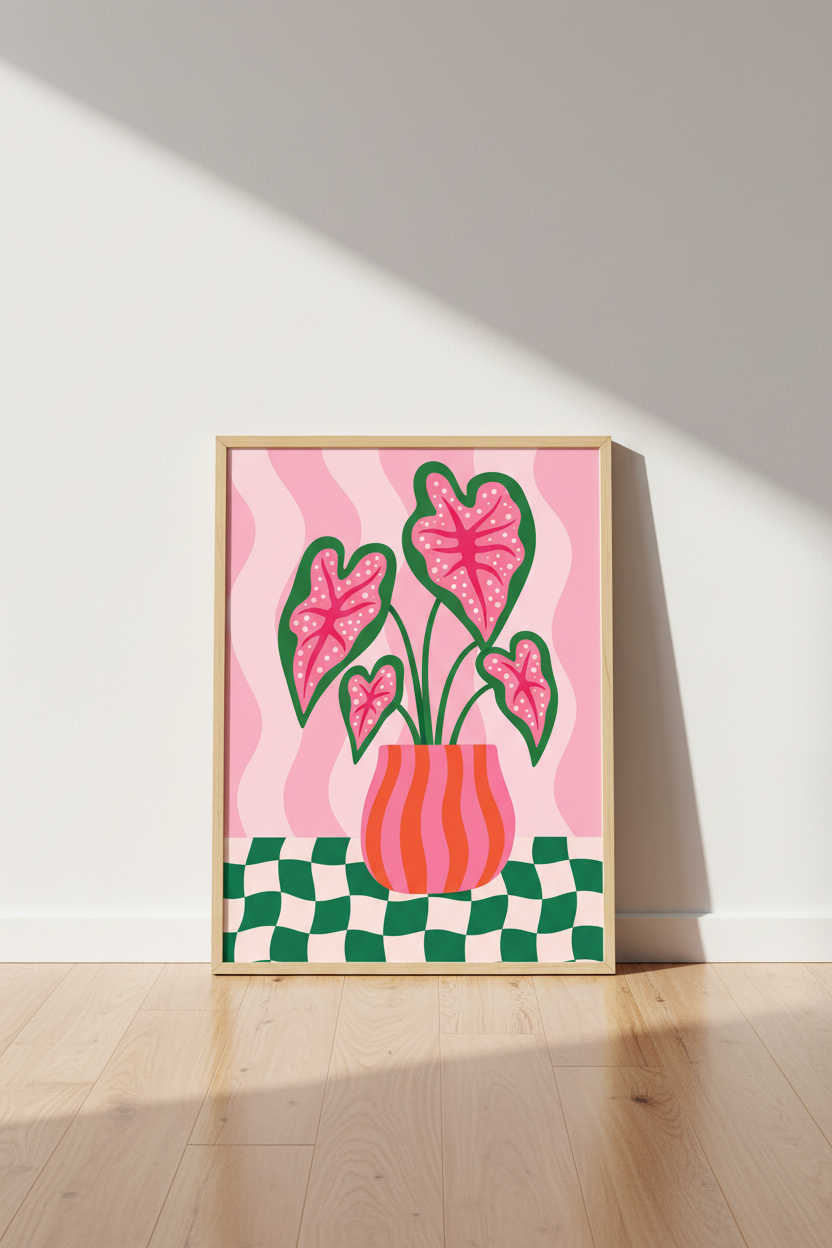 Pink Botanical Art Print | Maximalist Flower Decor | Retro Checkered Poster