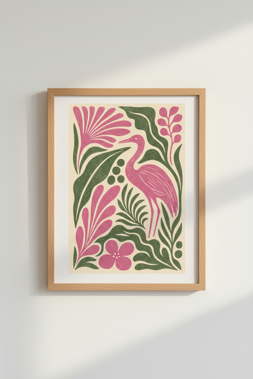 flamingo wall art | Linocut style, pink-green palette | living room decor