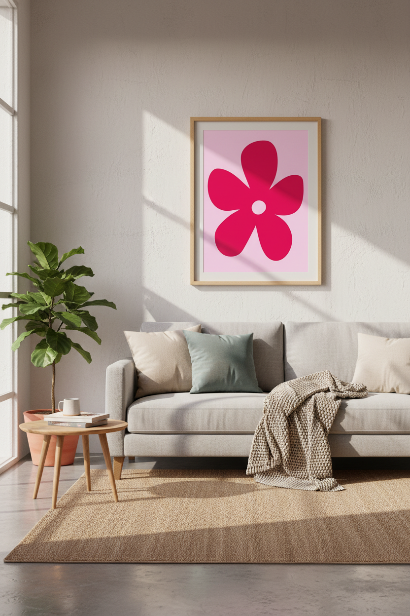 Pink Flower Wall Art Print | Retro Floral Poster | Danish Pastel Decor
