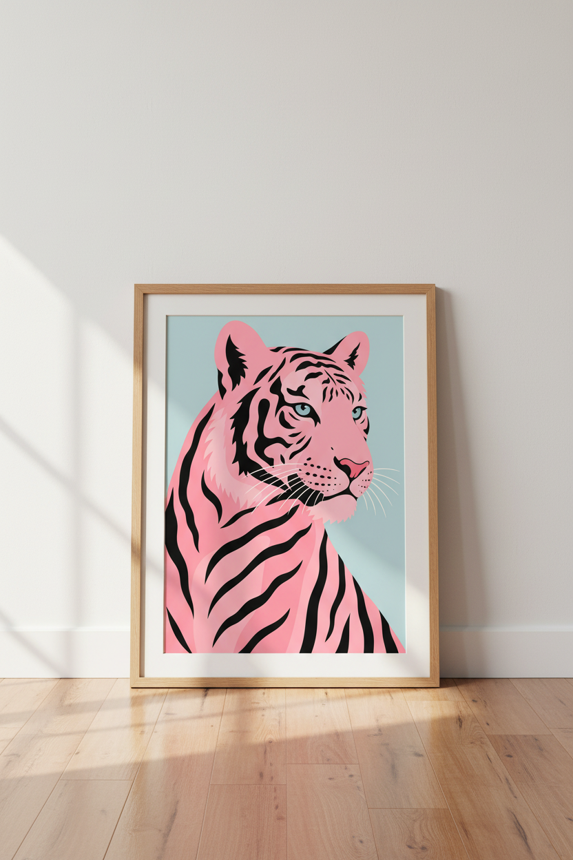 Pink Tiger Wall Art Print | Modern Eclectic Animal Decor | Pastel Aesthetic Poster