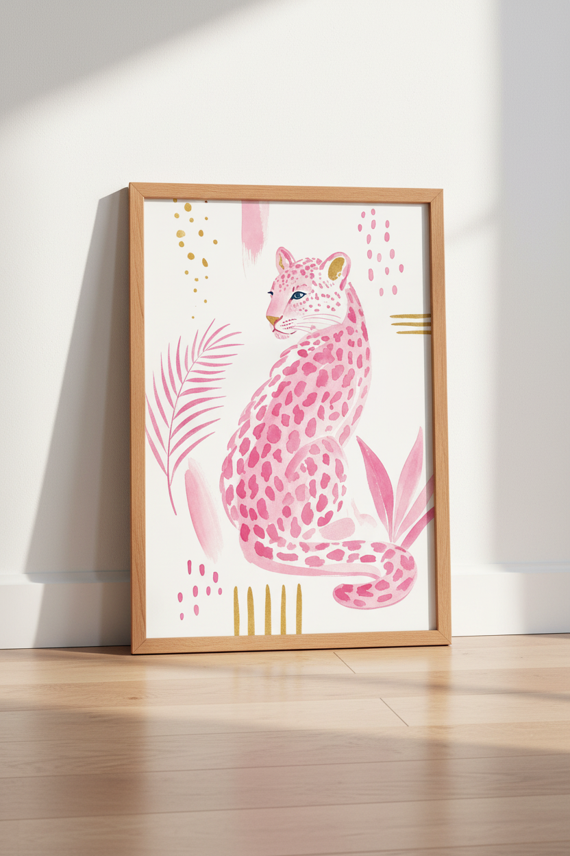 Pink Leopard Wall Art Print | Boho Nursery Decor | Preppy Watercolor Poster