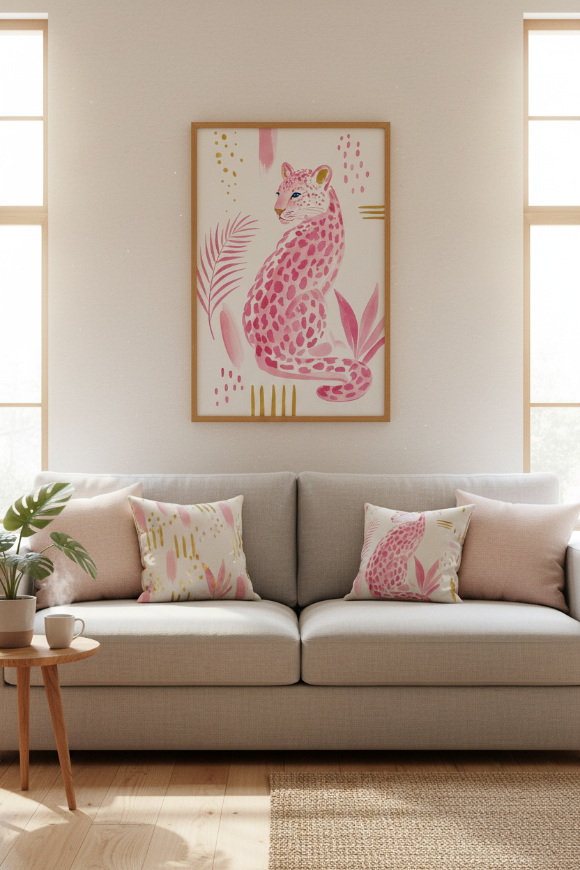 Pink Leopard Wall Art Print | Boho Nursery Decor | Preppy Watercolor Poster