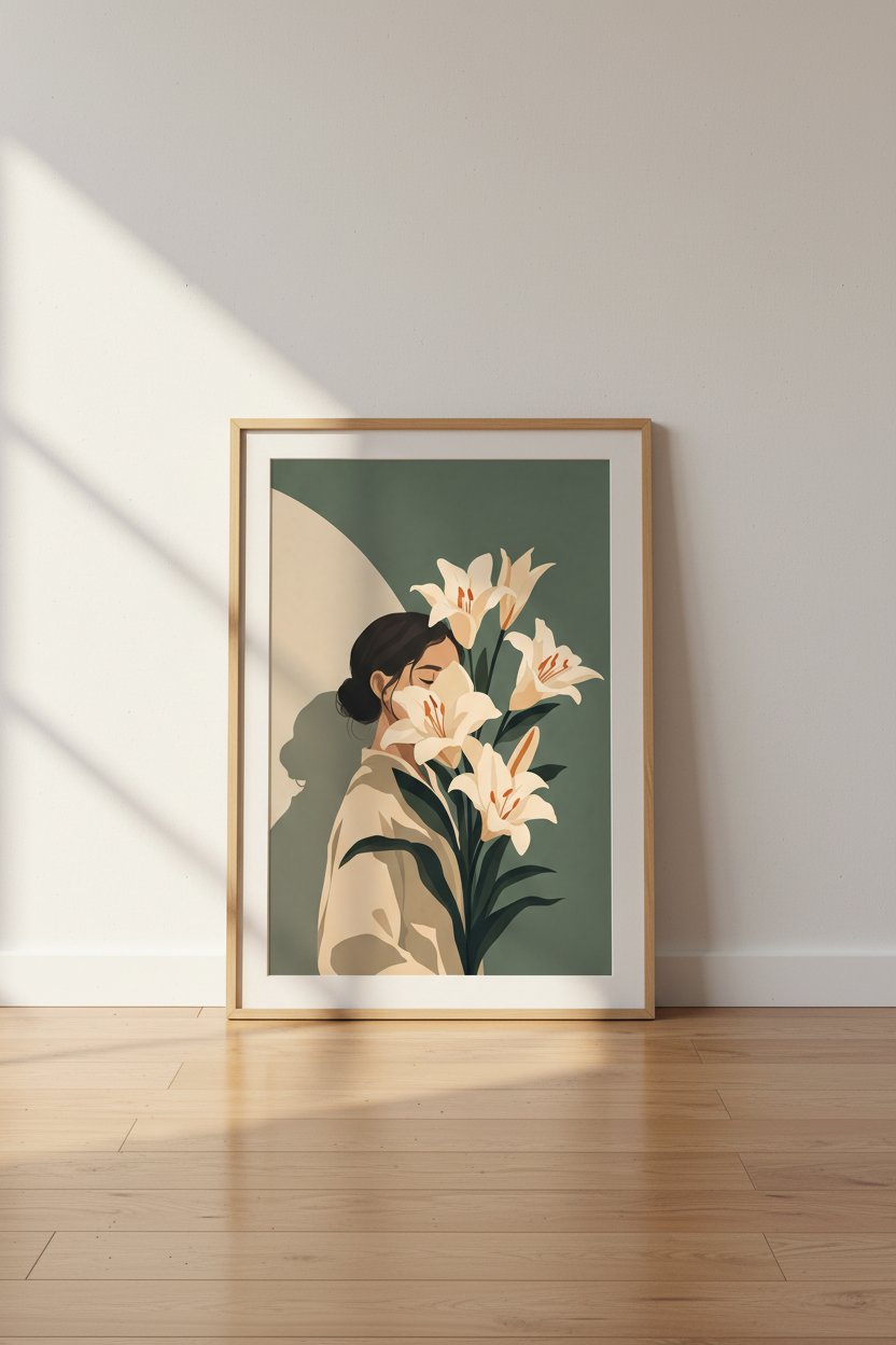 Minimalist Lily Flowers Woman Art | Sage Green, Neutral Boho Decor Poster