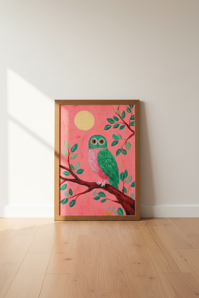 Green Owl at Night Wall Art | Pink Folk Art Decor | Whimsical Boho Poster
