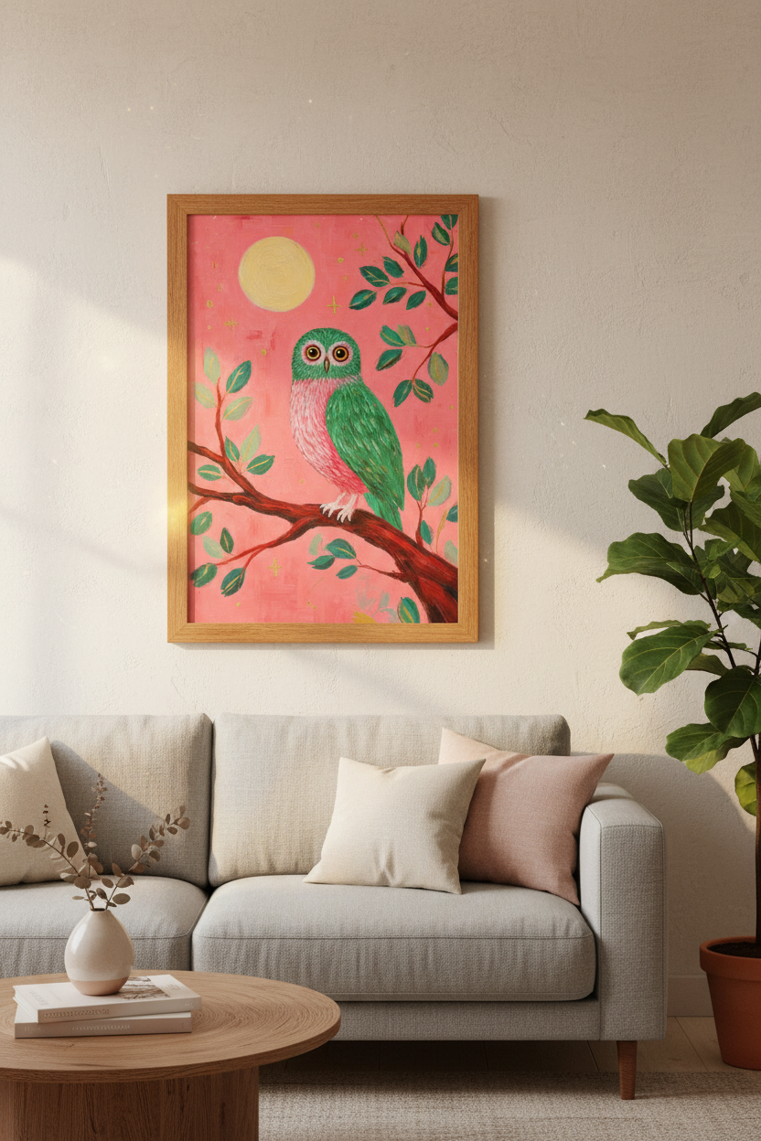 Green Owl at Night Wall Art | Pink Folk Art Decor | Whimsical Boho Poster