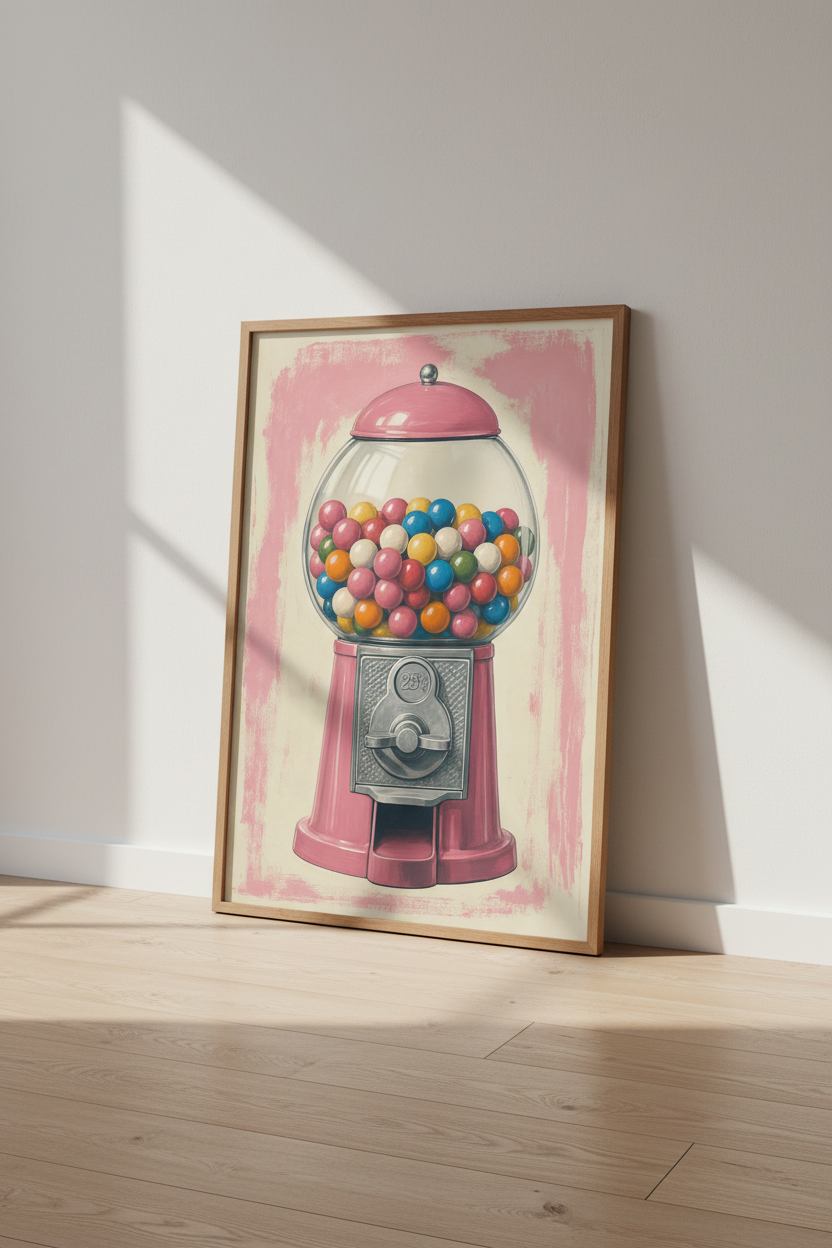 Retro Gumball Machine Wall Art Print | Playroom Decor | Pastel Pink Aesthetic Poster