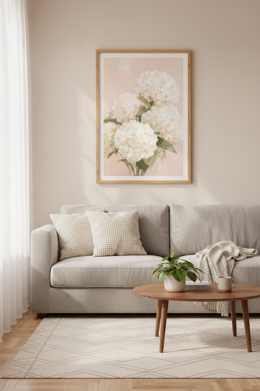 Hydrangea Wall Art Print | Floral Living Room Decor | Pale Pink Impressionist Poster