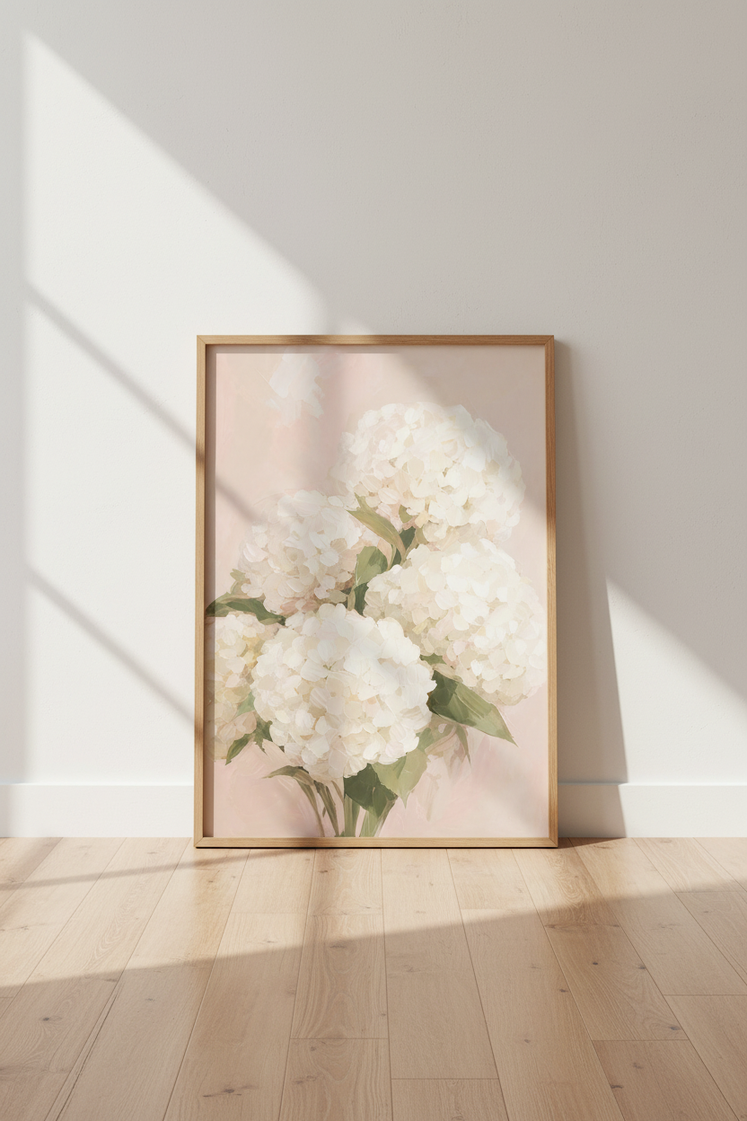 Hydrangea Wall Art Print | Floral Living Room Decor | Pale Pink Impressionist Poster