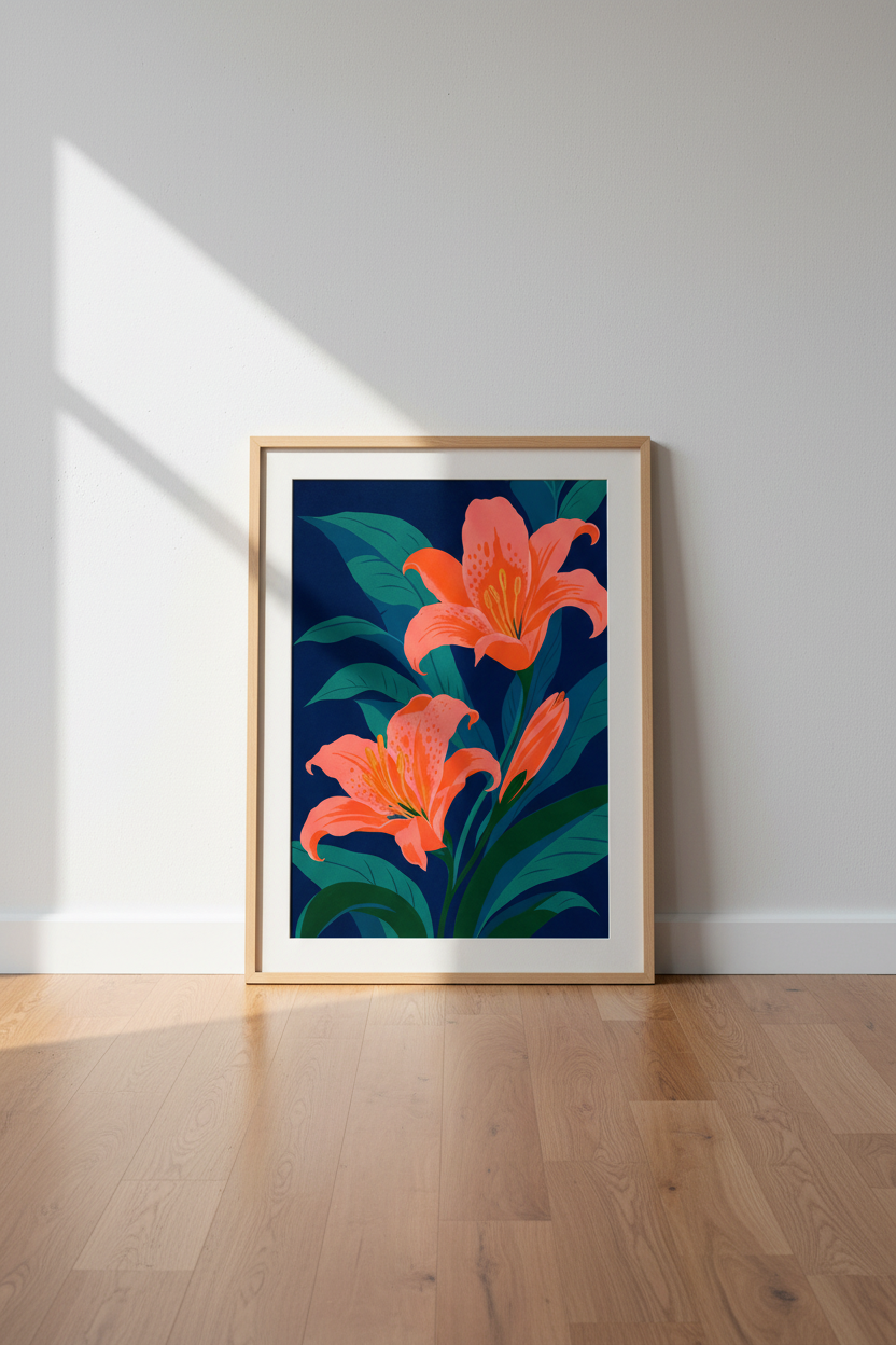 Floral Botanical Wall Art Print | Navy & Coral Lily, Modern Home Decor