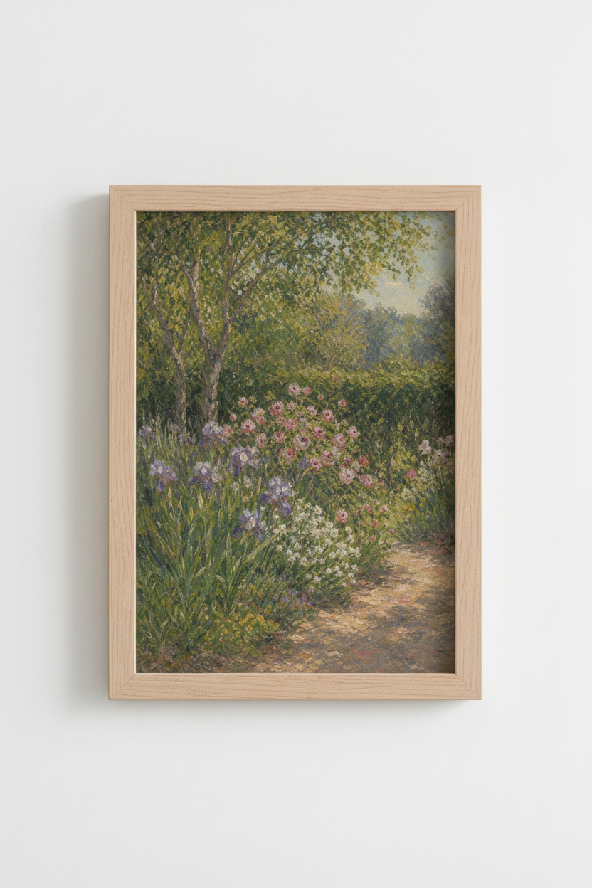 Floral Garden Print | Impressionist Landscape, Pastel Green | Living Room Decor