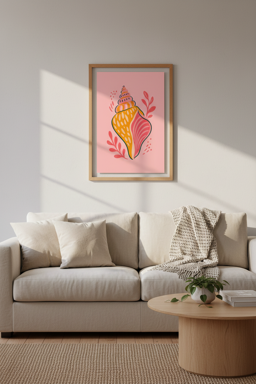 Modern Pink Seashell Wall Art Print | Coastal Bathroom Decor | Colorful Aesthetic Poster