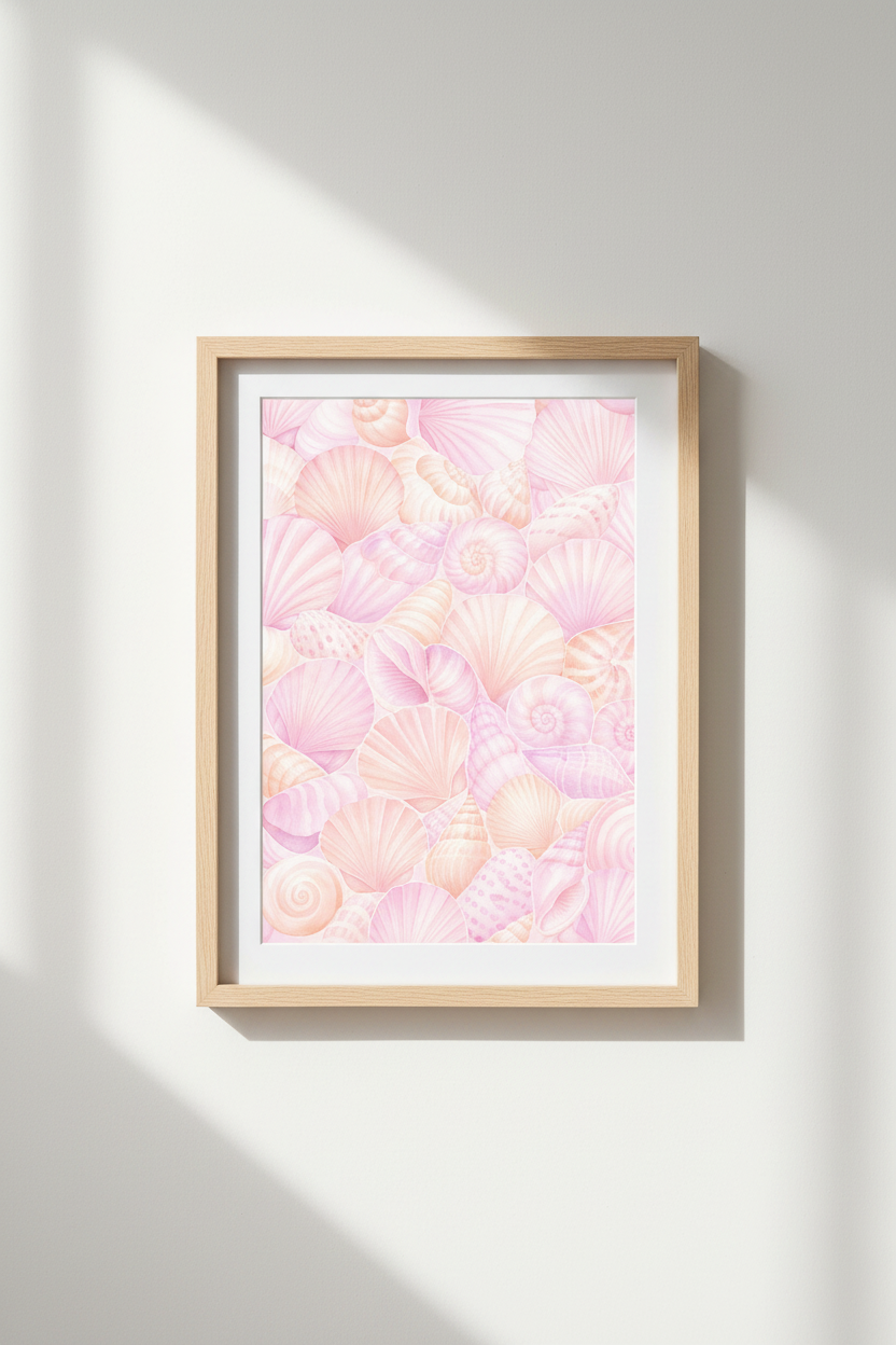 Pastel Seashell Wall Art Print | Coastal Nursery Decor | Pink Watercolor Poster