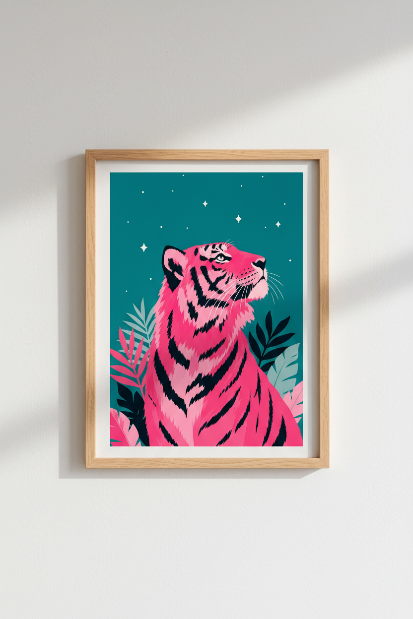 Pink Tiger Wall Art | Teal Jungle Decor, Modern Maximalist Animal Poster Print