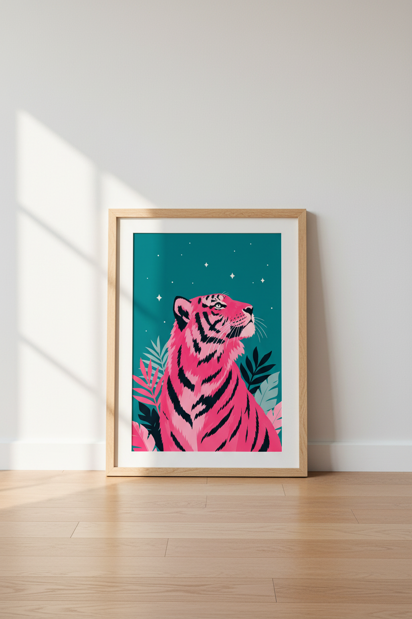 Pink Tiger Wall Art | Teal Jungle Decor, Modern Maximalist Animal Poster Print