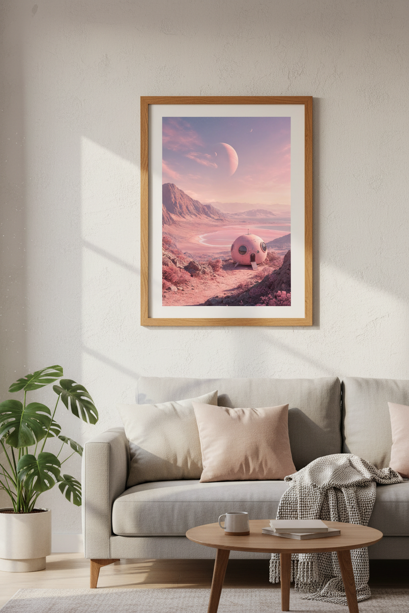 Pastel Sci-Fi Planet Wall Art | Pink Space Landscape, Retro Futurism Decor