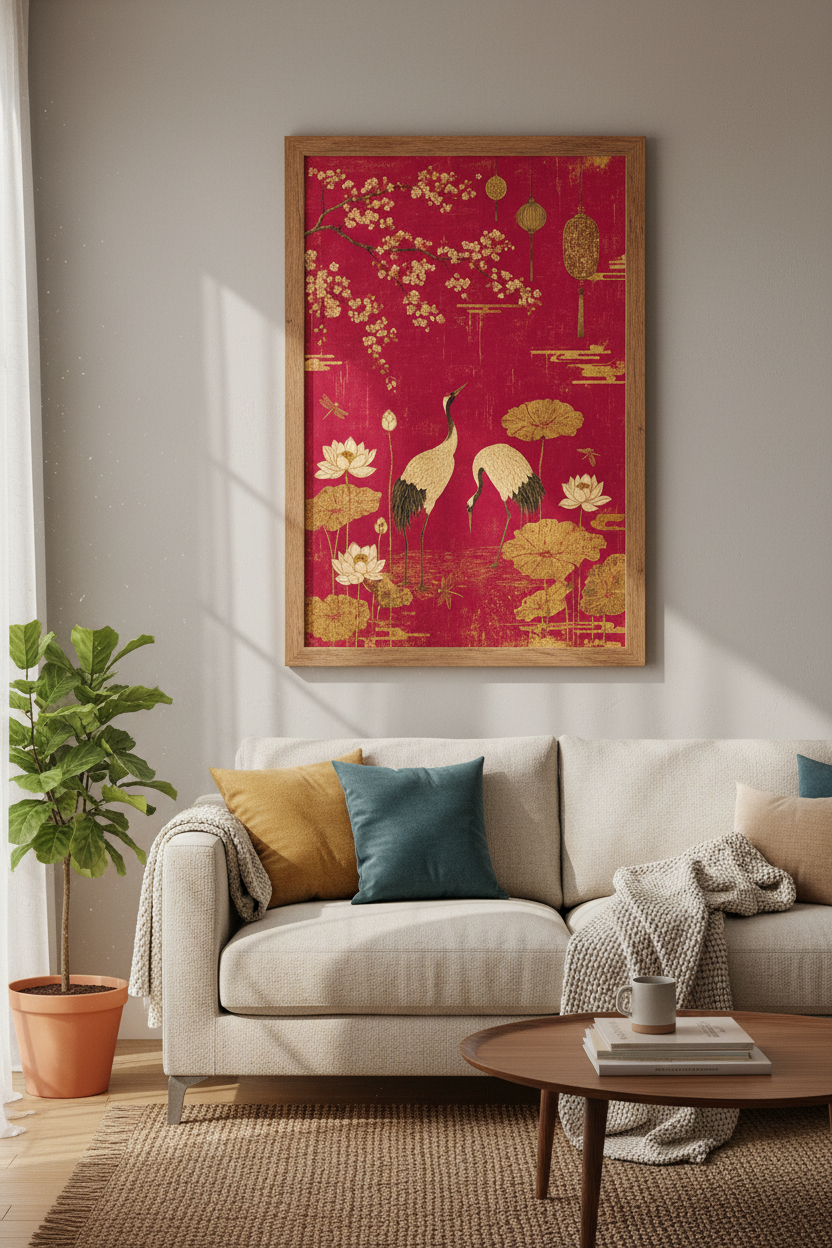Japanese Crane & Lotus Wall Art | Red Gold Chinoiserie Poster, Bedroom Decor