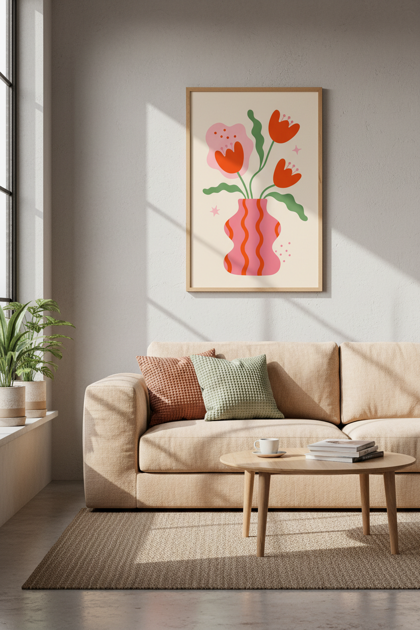 Retro Tulip Flower Wall Art Print | Pink Vase Decor | Modern Folk Floral Poster